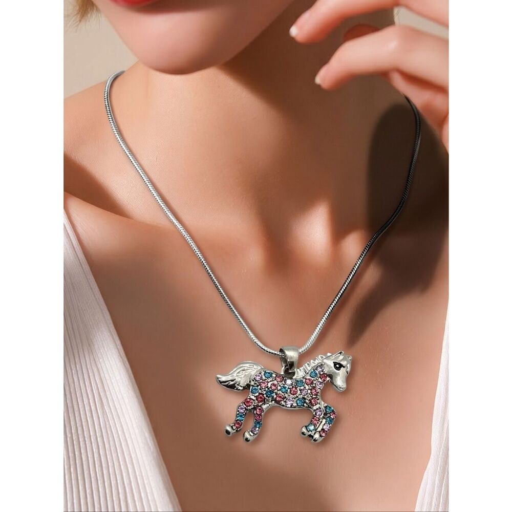Rhinestone Horse Necklace Silver Pink Blue Crystal Pendant Equestrian Western
